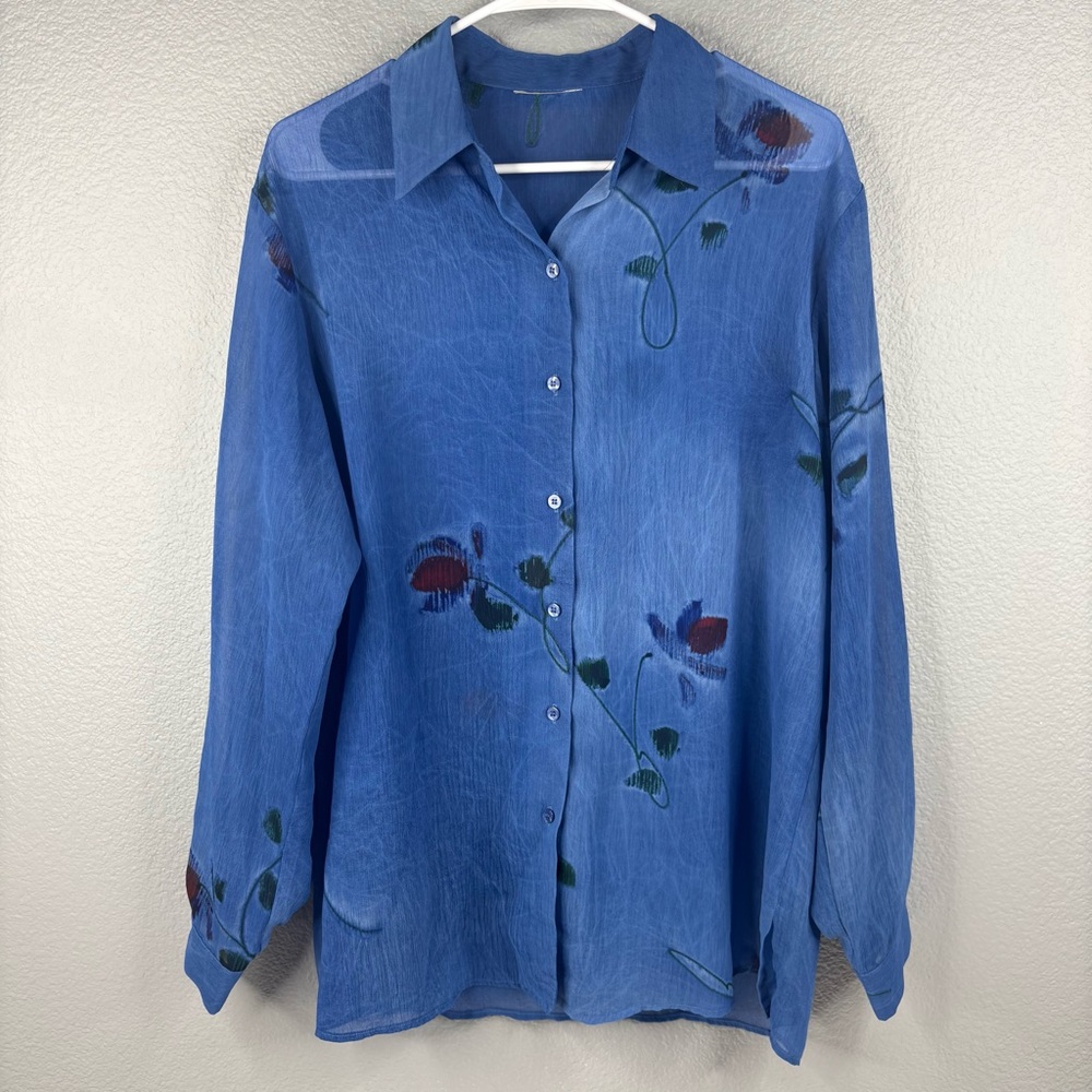 Sheer Blue Floral Design Flowy Longsleeve Blouse